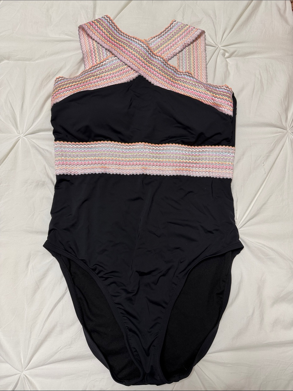 Black One-Piece Swimsuit with Pink Multi-Stripe Trim